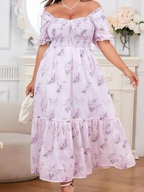 Eywol whimsical Off-Shoulder Lavender Floral Midi Dress NWT M